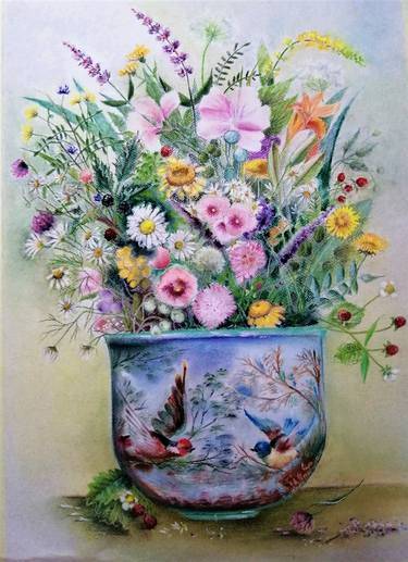 Wildflowers in a vase with birds thumb