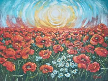 Landscape with Poppies. Structure oilpainting. thumb