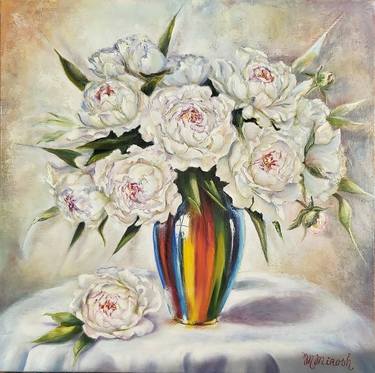 White peonies in the vase. Oilpainting. thumb