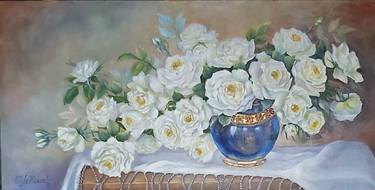 White Roses in blue Vase. Oilpainting. thumb