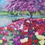 Impasto Oil painting- Landscape with Tulips. 
Impressionism. Palette knife. Canvas.
Size 24x16 inches  ( 60x40 cm).