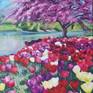 Impasto Oil painting- Landscape with Tulips. 
Impressionism. Palette knife. Canvas.
Size 24x16 inches  ( 60x40 cm).