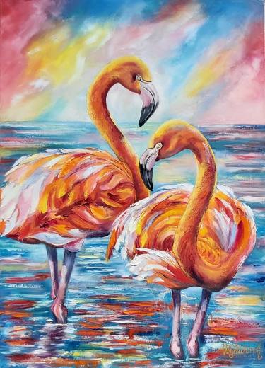 Flamingo. Abstract impasto oilpainting. thumb