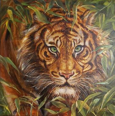 Portrait Tiger-oil painting on gold leaf ( imitation). thumb