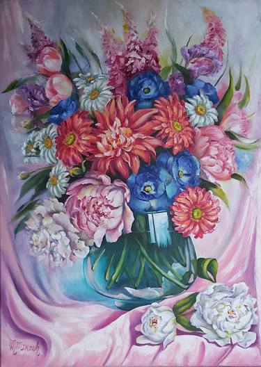 A Bouquet of flowers in a Vase. Oil painting. thumb