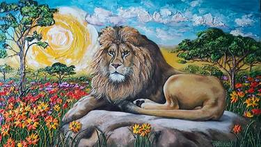 A lion. Spring in africa. Structure painting. thumb