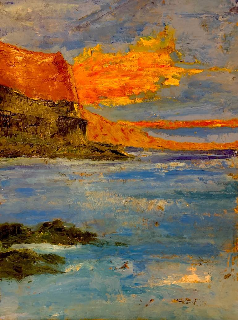 Original Seascape Painting by Michael Lewandowski | Expressionism Art on Paper | Seascape with Sun