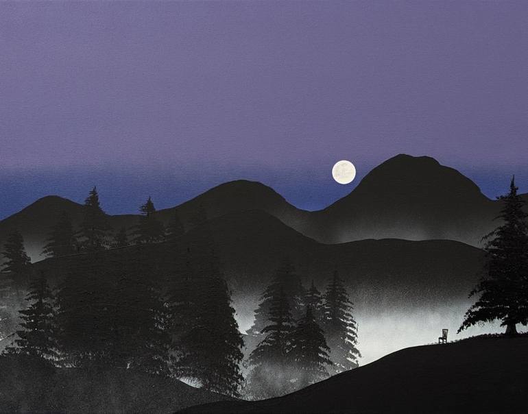 Original Landscape Painting by Robert Owen Bloomfield | Black & White Art on Canvas | Waiting for the Moon to Answer