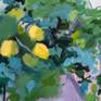 My painting has impressionist influence. I try to capture the trees, the flowers and I let myself be carried away by the brushstroke. I am not interested in making a very realistic painting, I am interested in the plastic quality of the lemons and the colors and shapes.
