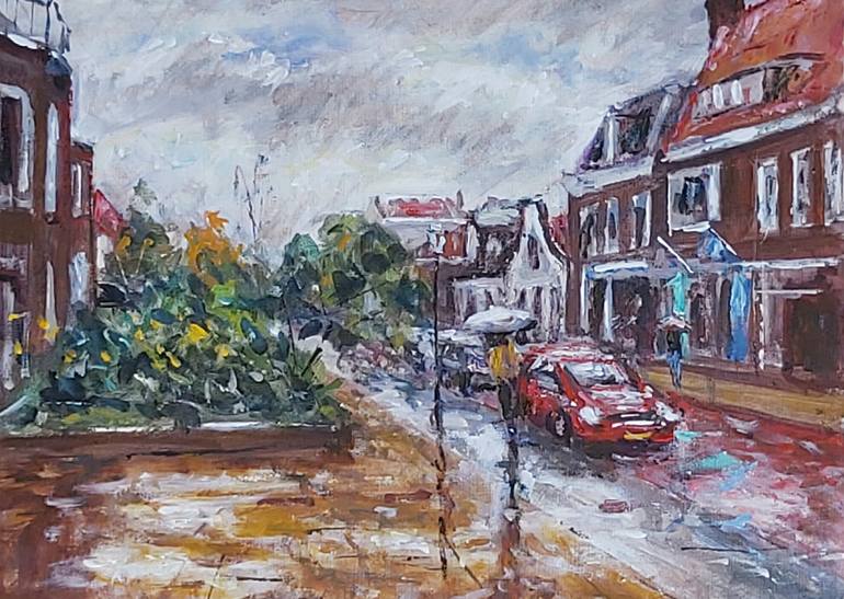 Red car rainy day Painting by Dimitris Voyiazoglou Saatchi Art