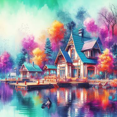 House and Lake Watercolor Style Modern Digital Art thumb