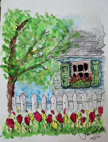 A Sweet Home Windows with Trees and Roses Watercolor Painting thumb
