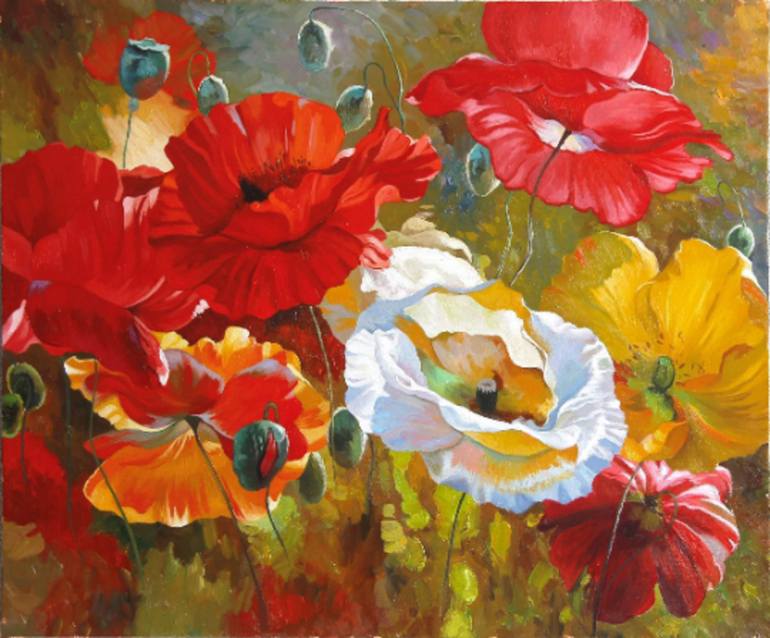 Bright summer poppies Original Oil Painting Red White Yellow Wonderful ...