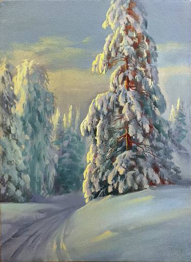 Wonderful and beautiful  Сhristmas winter landscape in blue tones" original still life painting by Liliya  Guseva thumb