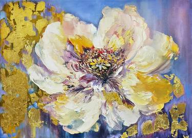 "Flower Day. White poppy with a golden potal"original painting by the Russian artist Volskaya Lilya thumb