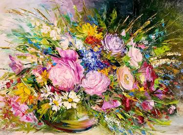 "Pink and purple bouquet of spring flowers"Russian artist Volskaya Lilya thumb