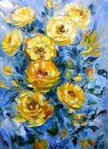 "Blue spring landscape with golden flowers"painting by Russian artist Lilia Volskaya thumb