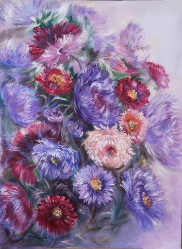 Bouquet of asters in the color of very peri Original Oil Painting Wonderful flowers thumb
