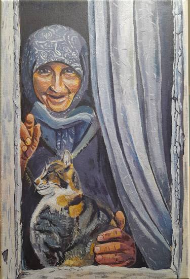 Grandmother with a cat in the window thumb