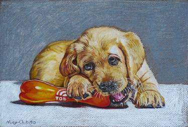 Original Colored Pencil Drawing Dog Playing With Toy thumb