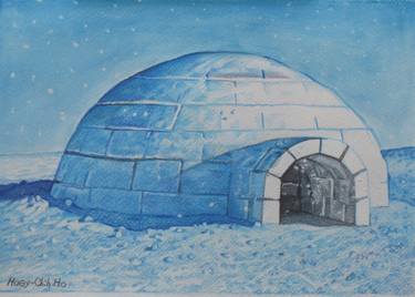 Original Colored Pencil Drawing Igloo, Snow House, Snow Hut, Winter shelter thumb