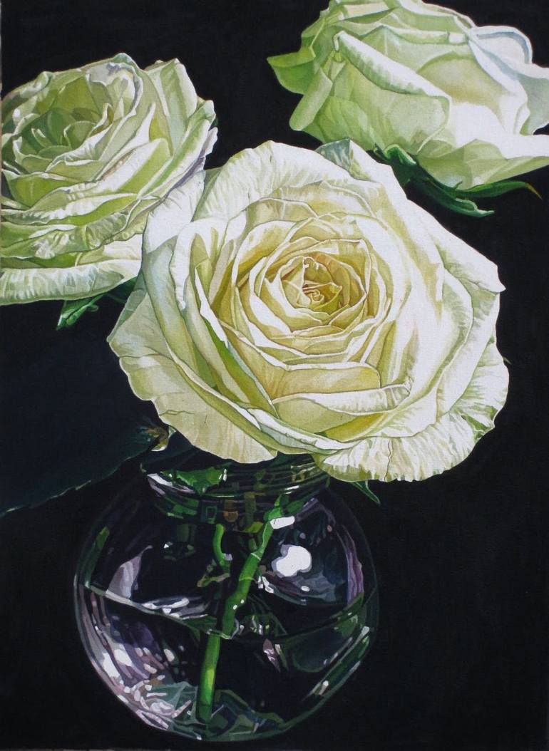 White Roses In A Vase Painting By Huey Chih Ho Saatchi Art