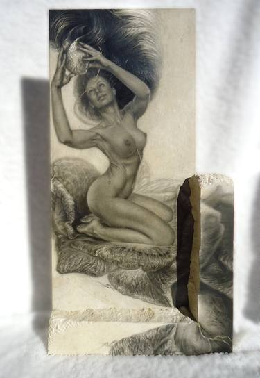 "Care" - pencils on natural limestone with gold leaf accent | Unique pencil drawing on stone| Monochrome realism art thumb