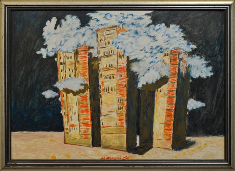 Original Architecture Painting by Milinko Kokovic | Expressionism Art on Wood | Three towers