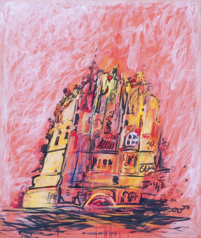 Original Architecture Painting by Milinko Kokovic | Expressionism Art on Canvas | Golden complex