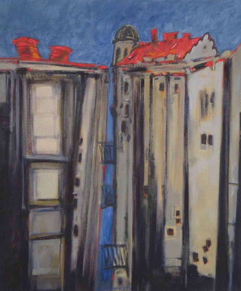 Original Architecture Painting by Milinko Kokovic | Expressionism Art on Canvas | Draft through alley-way