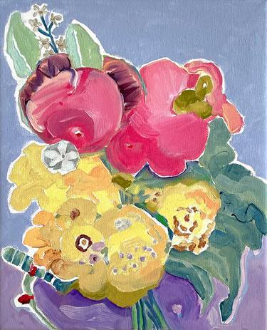 The language of flowers. A pink yellow arrangement of peonies. thumb