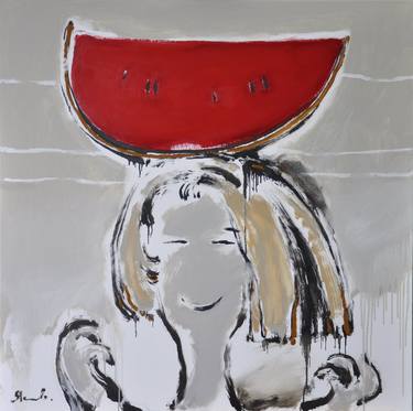 Girl with a watermelon on her head thumb