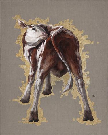 Golden Calf - cow gold burgundy red curious rural life fine art interior oil on canvas animal realism thumb