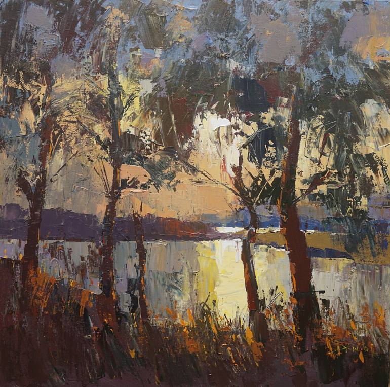 Trees and Sunset Painting by Dhwoj Gurung | Saatchi Art