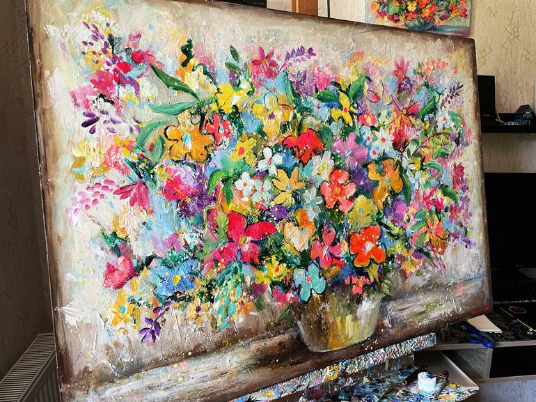 Original Abstract Expressionism Floral Painting by Nia Giunashvili