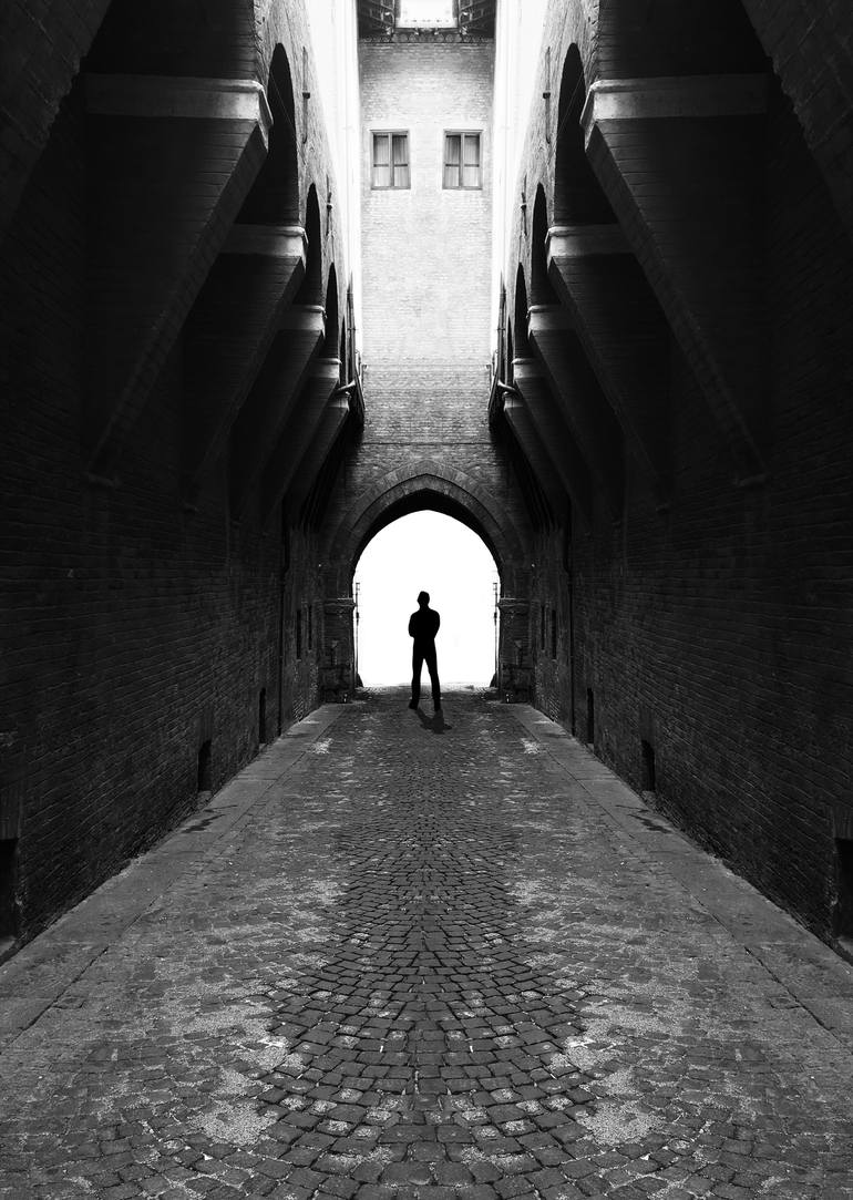 Narrow street gang with scary man silhouette - Print