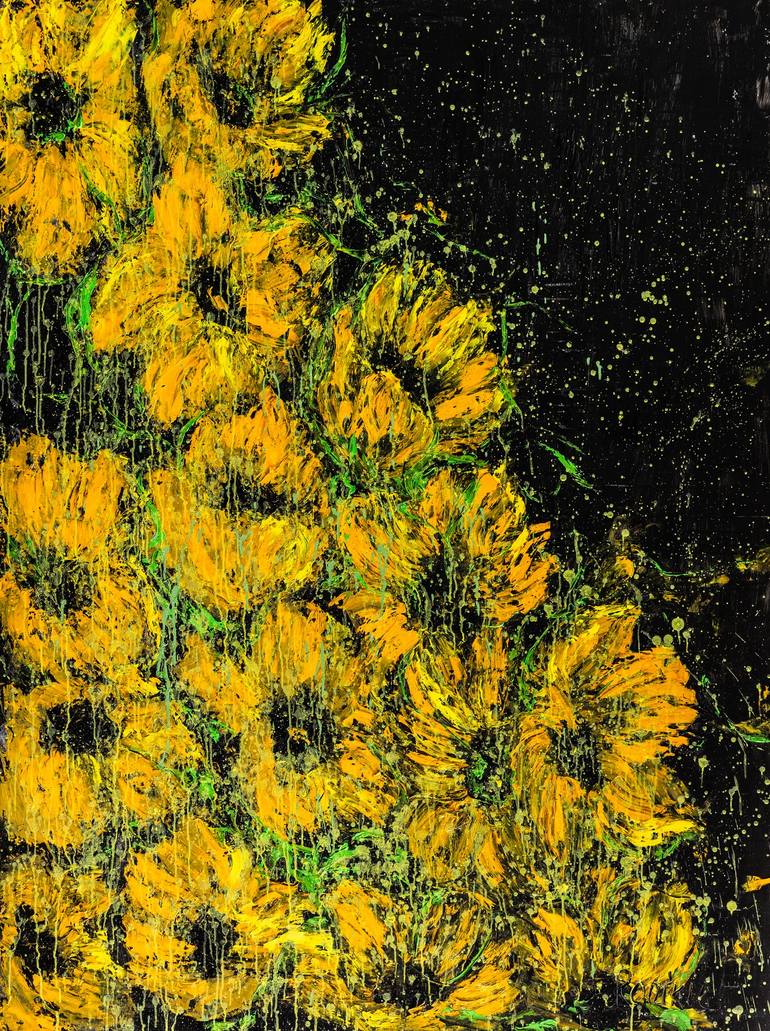 Original Floral Painting by Alla Ronikier | Expressionism Art on Canvas | The night is covered in gold