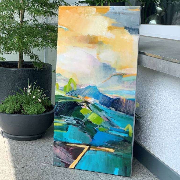 Original Landscape Painting by Irina Laube | Abstract Art on Wood | The way to blue mountain (with resin finish)
