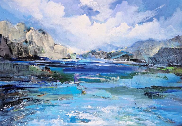 Original Seascape Painting by Irina Laube | Expressionism Art on Canvas | A lake in the mountains