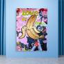 Original painting from collection "BANANA LOVE" 
Abstraction with big golden banana with vivid colours and rich texture beneath it. 
Whit clear message "Love is real"
