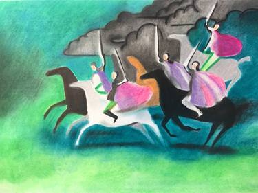 Five horsemen running amid a green landscape with dark clouds waving their swords and whooping in the wind thumb