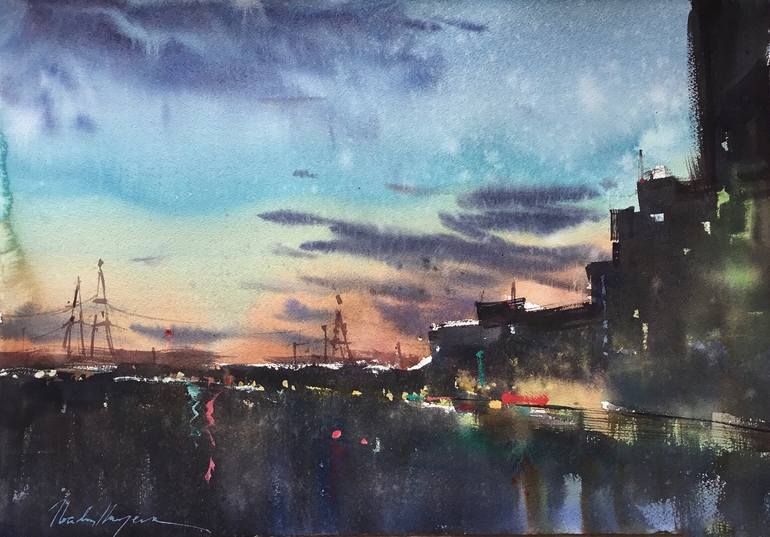 Original Cities Painting by Olga Ibadullayeva | Expressionism Art on Paper | The Night City