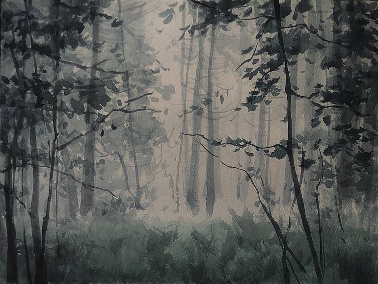 Abstract landscape acrylic painting,forest in a fog painting, wood