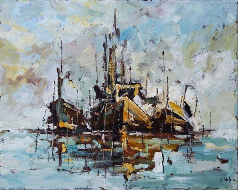 Original Impressionism Boat Painting by Valentin Gutu