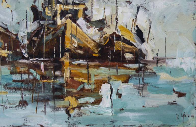 Original Impressionism Boat Painting by Valentin Gutu