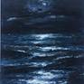 Original painting on paper of a close-up view of a wave at night. This piece was created by adding, scraping, and combining layers of dark oil paint mixed with cold wax to achieve a textured and luminous effect. Dark navy and indigo tones lend a sense of obscurity and mystery to the unknown nightscapes that you can disappear into. Artistic influences include William Turner and Takao Tanabe.
Unframed. Signed with a Certificate of Authenticity.
