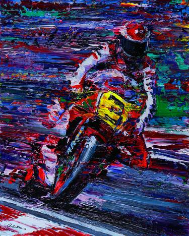 "GP Trail Braking" this motorcycle painting explodes toward you thumb