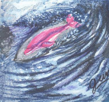 Surfing Dolphin- Art Alcohol Markers, Rapidograph on Cardboard thumb