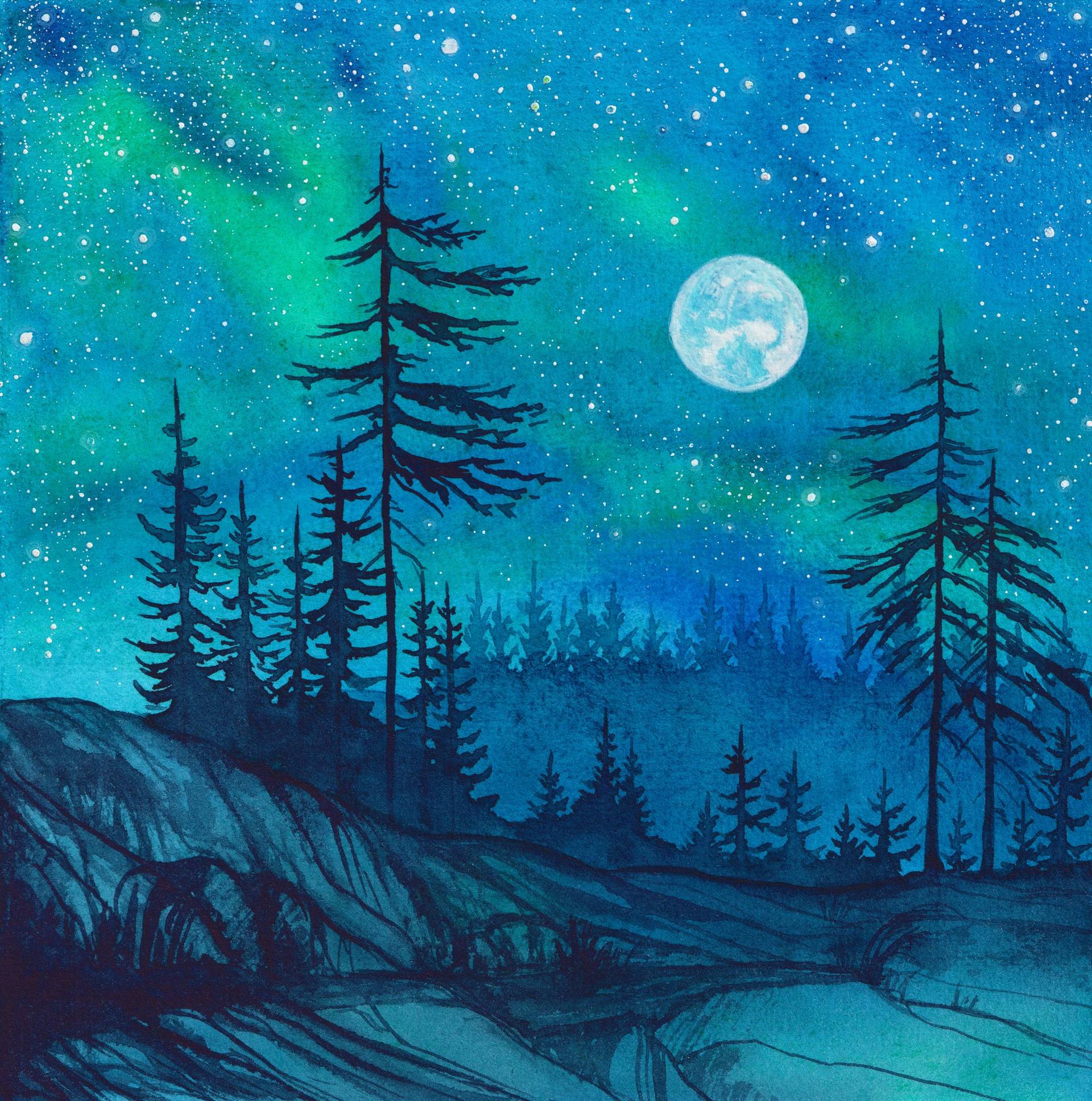 Milky Way and Moon Painting over Pine Tree Forest Painting by Olha