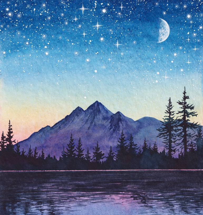 Moon Night Starry Sky Magic Landscape Forest Watercolor Painting